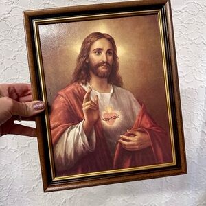Vintage Sacred Heart of Jesus Framed Print Catholic Religious Art 8x10 Textured